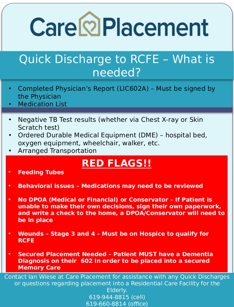 Quick Discharge to RCFE: What is Needed?