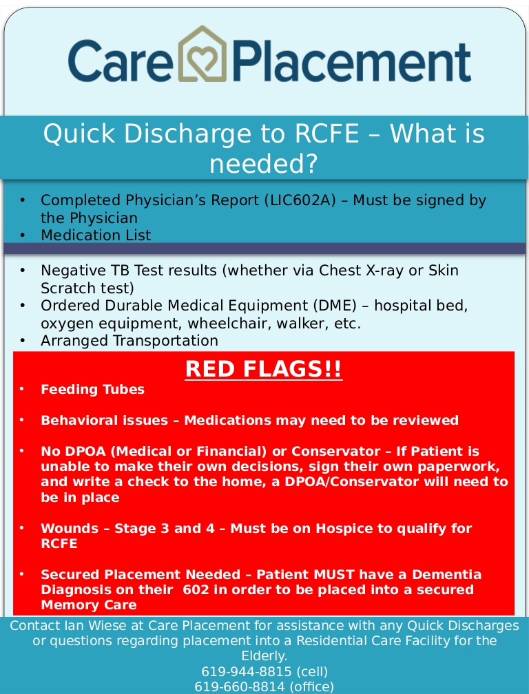 Quick Discharge to RCFE: What is Needed?