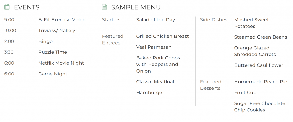 Sample Daily Activities and Menu at Brookdale Clairemont