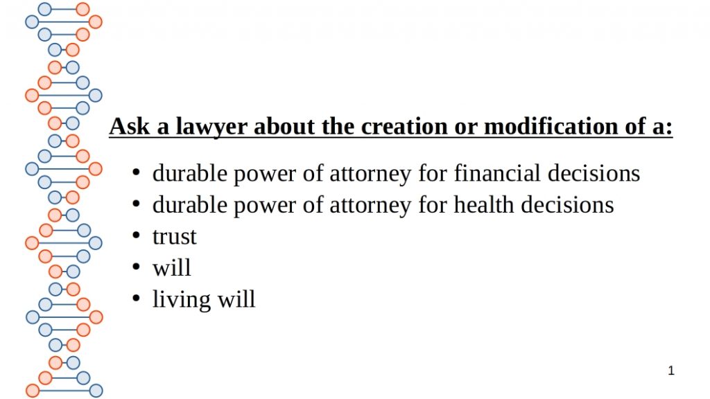 List of legal issues to ask a lawyer about when dealing with an Alzheimer's diagnosis.